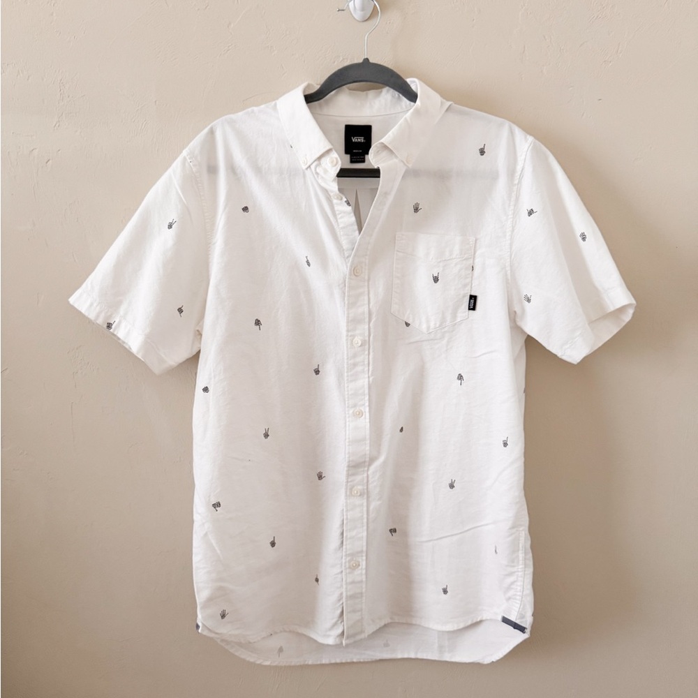Vans White Casual Button Down Shirt with Hand Gesture Motifs (M)